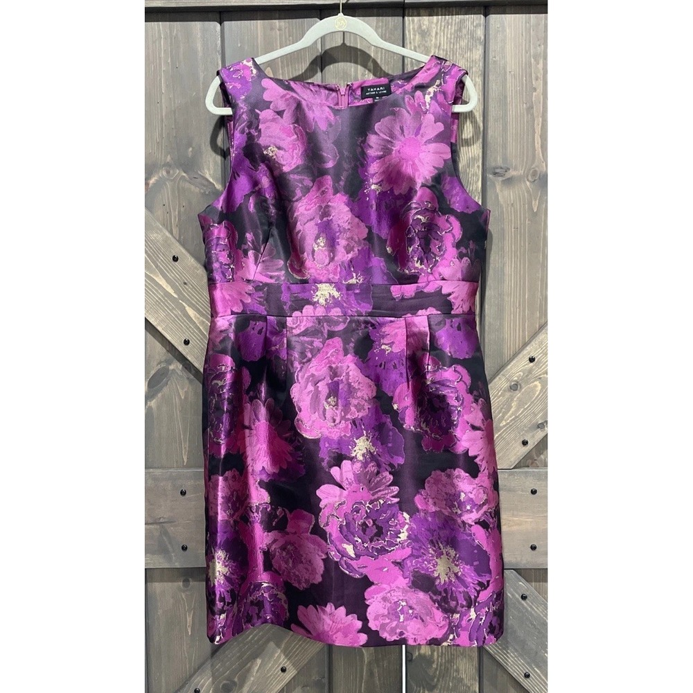Tahari Orchid Pink Purple Gold Metallic Brocade Sheath Dress Women's 16
